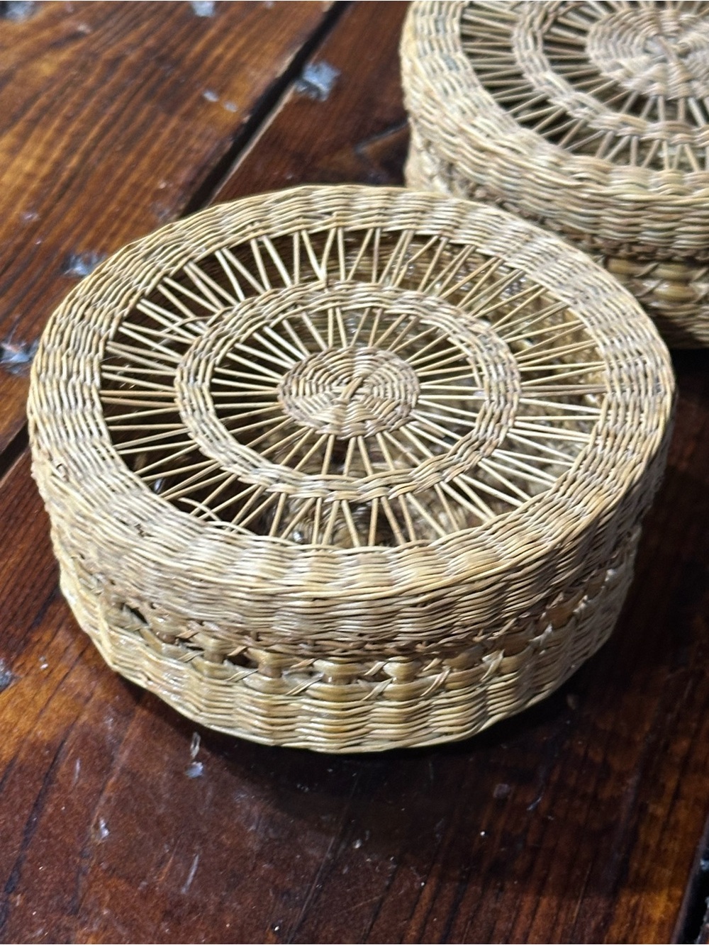Vintage Lidded Rattan Basket - mini - set of 2 - boho - storage